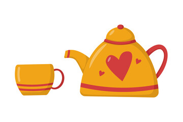 A set of bright autumn cup and a teapot for tea in yellow-red color with a different print in a flat style. Vector image.