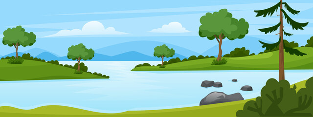 Landscape with river flowing through hills, scenic green forest and mountains. scene with river vector illustration 