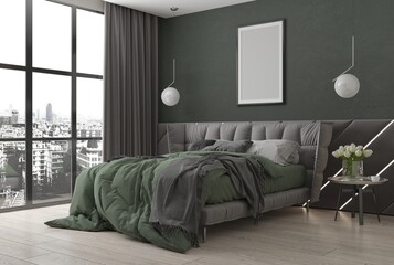 3d illustration. Modern bedroom in gray-green tones with double bed and soft panel with ice lighting. Panoramic window with city view. 3d render