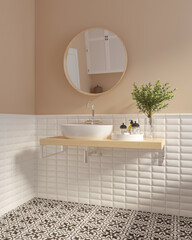 3d illustration. Stylish bathroom interior with vessel sink and decor elements, ornamented floor tiles. 3d render