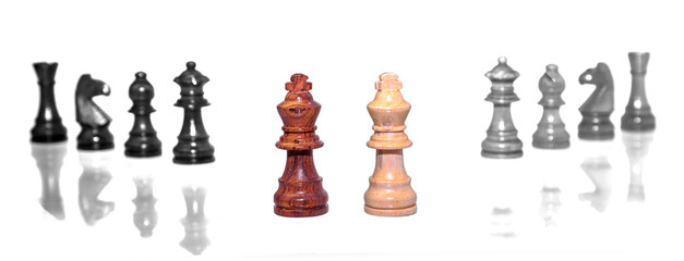 wood chess pieces isolated on a white background.