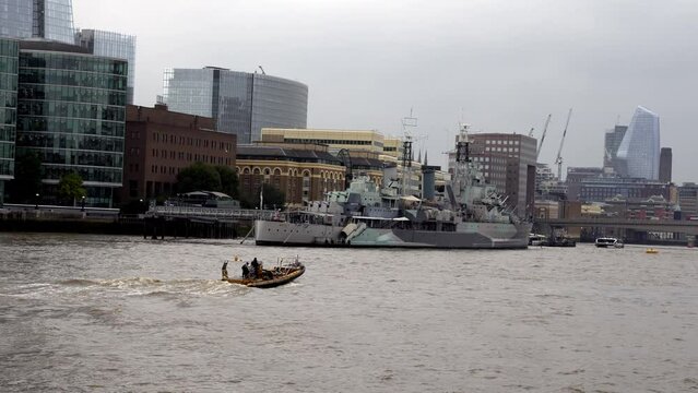 Video of the HMS Belfast ship as a museum ship. It is now permanently moored on the River Thames in London.