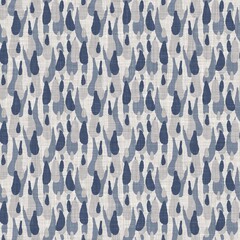 French blue doodle motif linen seamless pattern. Tonal country cottage style abstract scribble motif background. Simple vintage rustic fabric textile effect. Primitive drawing shabby chic cloth.