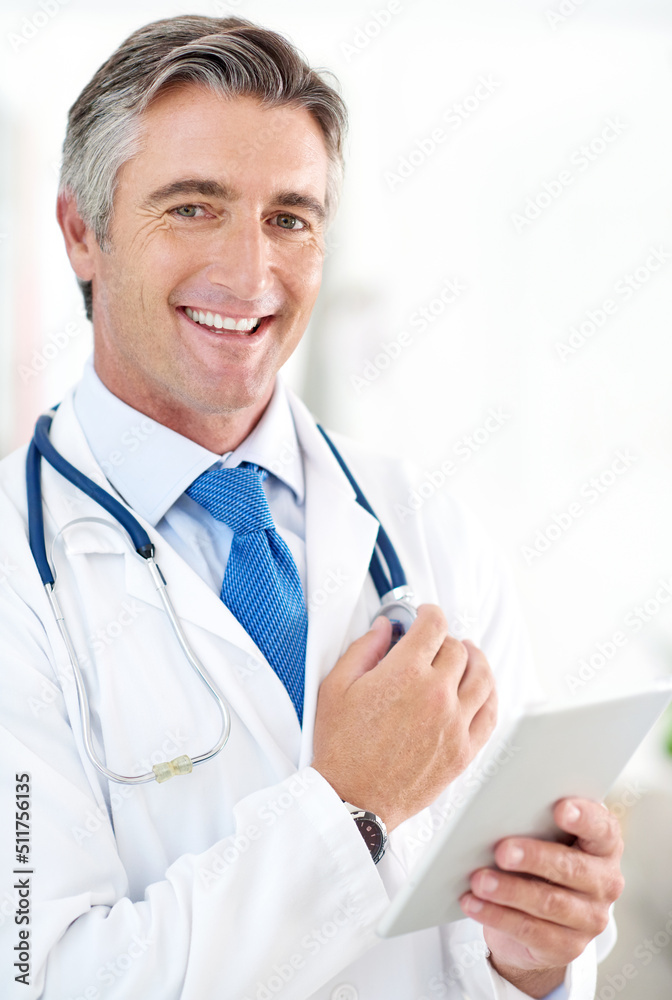 Aufkleber the results are in. portrait of a doctor holding a digital tablet while standing in a hospital corri