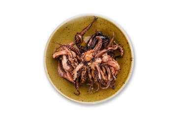 cooked seafood on a plate on a white background
