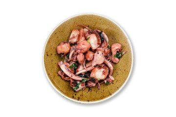 cooked seafood on a plate on a white background
