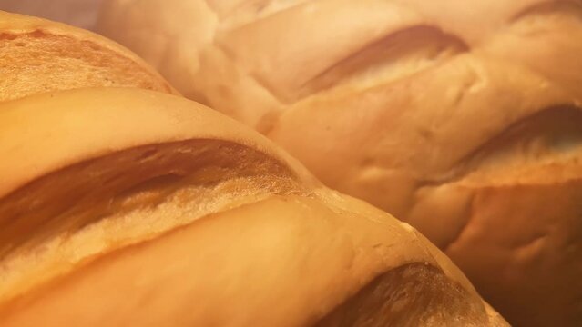 Loaves of pale wheat bread lien up on the shelf of the bakery. Close Up shot