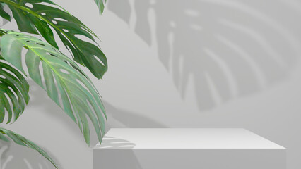A tropical bright stage for advertising and branding products for recreation, vacation, beach, etc. White podium in the form of a square platform in the shade of green palm leaves. 3D rendering.