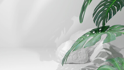 A tropical light stage for advertising and branding products for recreation, vacation, beach, etc. White stones in the shade of green palm leaves. 3D rendering.