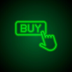Buy button simple icon vector. Flat design. Green neon on black background with green light.ai