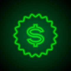 Discount icon, vector. Flat design. Green neon on black background with green light.ai