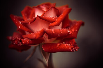 garden rose flower bud closeup with rain drops on petals