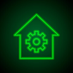 Gear, house simple icon vector. Flat design. Green neon on black background with green light.ai