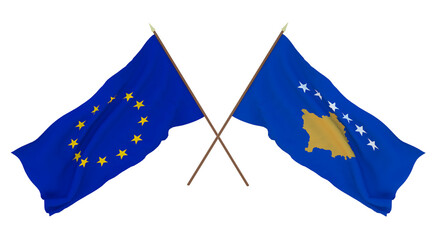 Background for designers, illustrators. National Independence Day. Flags The European Union and Kosovo