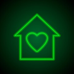 Heart, house vector simple icon. Flat design. Green neon on black background with green light.ai