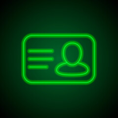 Id card simple icon vector. Flat design. Green neon on black background with green light.ai