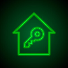 Key, house simple icon, vector. Flat desing. Green neon on black background with green light.ai