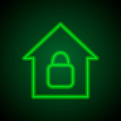 Lock, house simple icon. Flat design. Green neon on black background with green light.ai