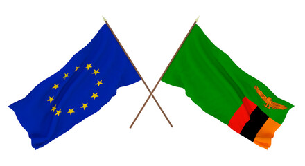 Background for designers, illustrators. National Independence Day. Flags The European Union and Zambia