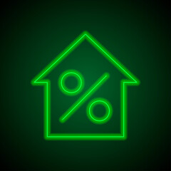 Percent, house simple icon vector. Flat desing. Green neon on black background with green light.ai