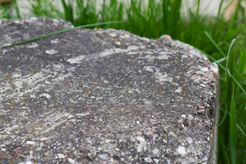 grey hard stone in the green grass as a background