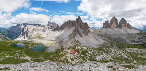 Beautiful mountain panorama in Dolomites mountains by Tre Cime di Lavaredo - obrazy, fototapety, plakaty