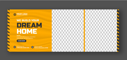 Fototapeta premium Home improvement and repair construction social media cover banner design template. Corporate construction tools social media Cover photo Template. Home improvement and repair construction web banner