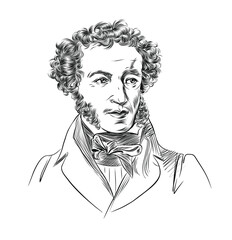 Black and white portrait of the Russian poet, playwright and novelist A.S. Pushkin. Vector drawing with thin strokes