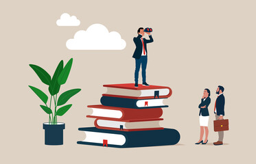 Education with man student looking on top of books with binoculars look. University, learning, knowledge symbol.