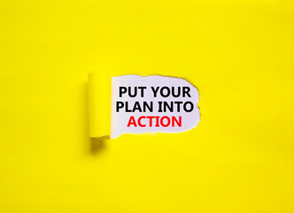 Put your plan into action symbol. Concept words Put your plan into action on beautiful yellow background. Business planning and put your plan into action concept. Copy space.
