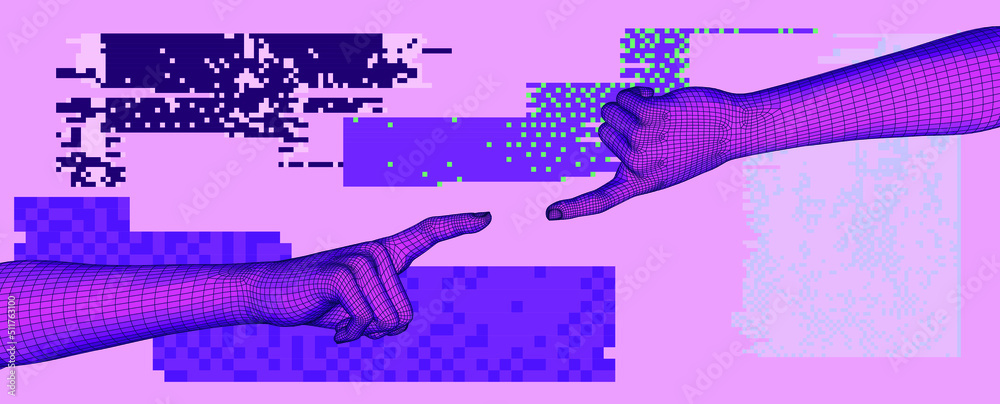 Poster 3d low-poly models of hands about to touch each other, as in the 
