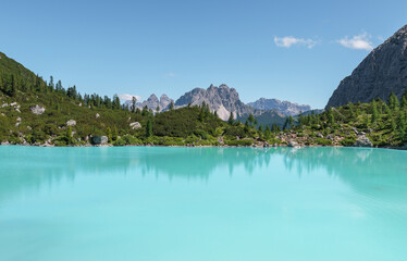 Beautiful mountain landscape by lake Sorapis in Dolomites