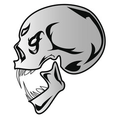 A scary skull with fangs. Sketch, black and white. Concept for an emblem, attributes, Halloween, icons
