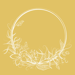 Circle frame with flower, leaf, berry and copy space. Golden and white doodle vector illustration for wedding or birthday card, label, decor, textile print, fairy tale book design