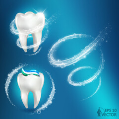 3d realistic vector healthy glowing tooth. Foam vortex around white tooth and mint toothpaste. Dental care, protection and whitening illustration