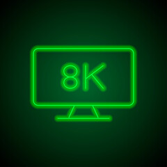 8K, TV simple icon vector. Flat design. Green neon on black background with green light.ai