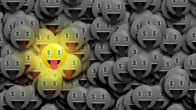 Money emoji in bright flickering light seamless Loop animation isolated on black and white little blur emojis.