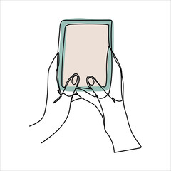 Continuous one line drawing of a hand holding a phone or smartphone. Mobile phone, technology, gadget, communication, device, telephone, display, electronic, hand, smartphone