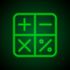 Calculator simple icon, vector. Flat design. Green neon on black background with green light.ai