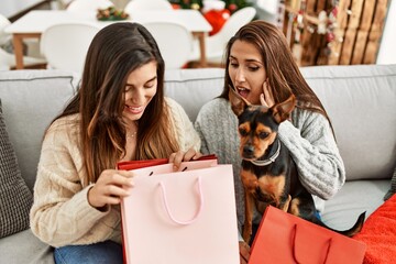 Two women surprise with gift bag sitting with dog by christmas tree at home