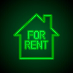 For rent, house simple icon vector. Flat design. Green neon on black background with green light.ai