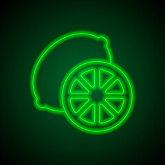 Lemon, slice simple icon vector. Flat design. Green neon on black background with green light.ai