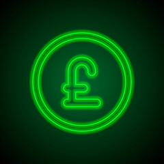 Pound coin simple icon vector. Flat design. Green neon on black background with green light.ai