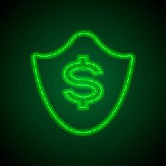 Protection, dollar simple icon vector. Flat design. Green neon on black background with green light.ai