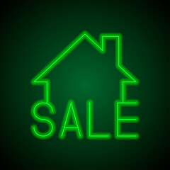 Sale, house simple icon vector. Flat design. Green neon on black background with green light.ai