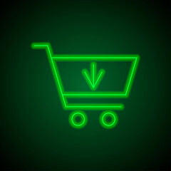 Shopping cart, buy simple icon vector. Flat design. Green neon on black background with green light.ai