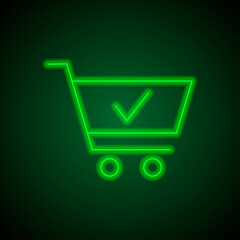Shopping cart, confirm simple icon vector. Flat design. Green neon on black background with green light.ai