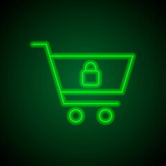Shopping cart, lock simple icon vector. Flat design. Green neon on black background with green light.ai