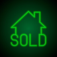 Sold, house simple icon vector. Flat design. Green neon on black background with green light.ai