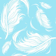 Fototapeta na wymiar Feather seamless pattern. Decorative ornate white feathers on blue background. Monochrome vector illustration for fashion textile, wrapping paper.